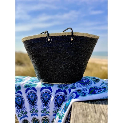 Afbeelding van Bohemida Rieten Tas Boho Ibiza Shopper tas/Strandtas Zwart Pailetten Boodschappentas Mandtas Boodschappenmand