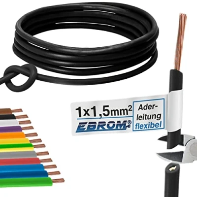 Afbeelding van Aderleiding bedradingsleiding enkele kabel flexibel 1,5 mm2 PVC H07V K mm² kleur: zwart vele lengtes leverbaar in stappen van 5 meter, uw lengte: 10 m