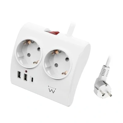 Afbeelding van Ewent Meervoudig stopcontact voor bureau/tafel, met 2 geaarde stopcontacten en USB A poorten 1 C aansluiting, aan/uit schakelaar, 3680 W, overbelastingsbeveiliging, 16 veiligheidsstekker