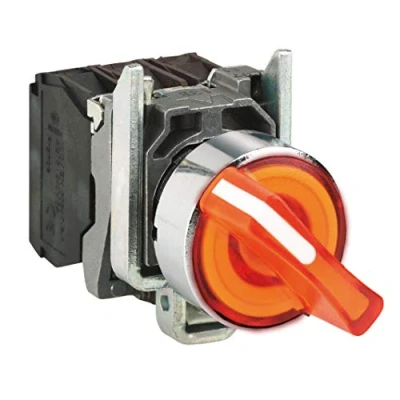 Afbeelding van SCHNEIDER ELECTRIC XB4 COMPLETE VERL. KEUZESCHAKELAAR KORTE GREEP GEEL 2 ST. VAST CONTACT 1M+1V 230 240VAC FRONTRING CHROOM