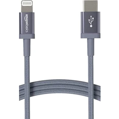 Afbeelding van Amazon Basics USB A naar Lightning oplaadkabel, nylon gevlochten snoer, MFi gecertificeerde oplader voor Apple iPhone 14, 13, 12, 11, X, Xs Pro, Pro Max, Plus, iPad, 0,9 m, donkergrijs