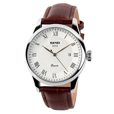 Afbeelding van SKMEI Zakelijke mannen Quartz Horloges Romeinse cijfers lederen band Casual Water Weerstaan Analoge Horloges, Zilver,