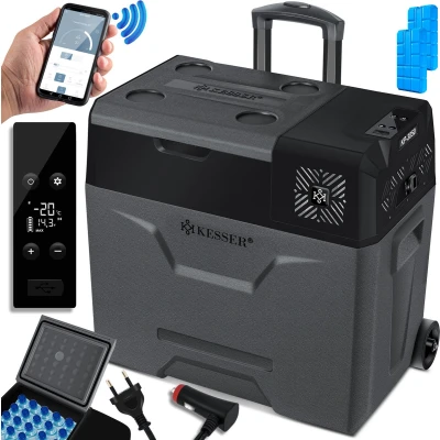 Afbeelding van KESSER® Compressor Koelbox Elektrische Vriezer, met APP bediening USB aansluiting 12/24 V 230V, +Telescopische stangwielen Collbox tot 20 C voor auto, vrachtwagen, boot, camper, camping 30 Liter, Grijs