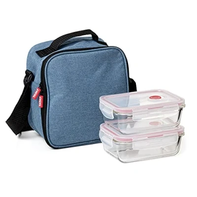 Afbeelding van Tatay Urban Food Casual Geïsoleerde lunchtas, 3L inhoud, met 2 glazen 0,57L voedselopslagcontainer, denimblauw, 22 x 12 21,5 cm