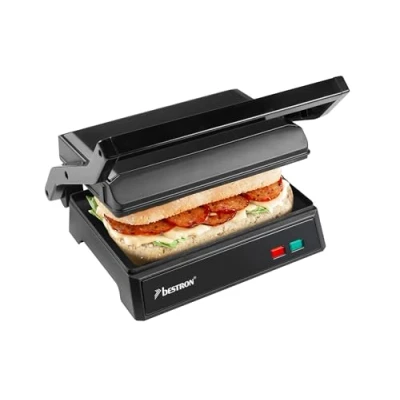 Afbeelding van Bestron elektrische tosti apparaat met opvangbak, Contactgrill Cool Touch handgreep &amp; 180 opening, panini grill antiaanbaklaag, instapmodel,Black Label Collection, kleur: Zwartmat