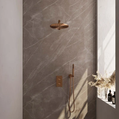 Afbeelding van BRAUER Copper Carving thermostatische inbouw regendouche 3 weg omstelling SET 26 met 30 cm douchekop en rechte muurarm staaf handdouche