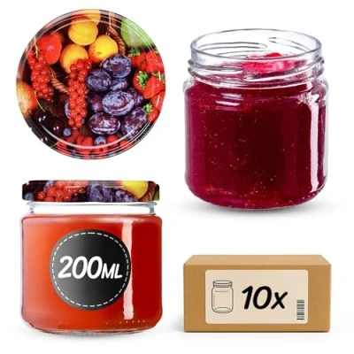 Afbeelding van KADAX Kleine Inmaakpotten, 200 ml, Jampotten, Diameter 66 mm, Voor Honing en Specerijen, Luchtdicht, Weckpotten, Rond (10 Stuks, Fruit)