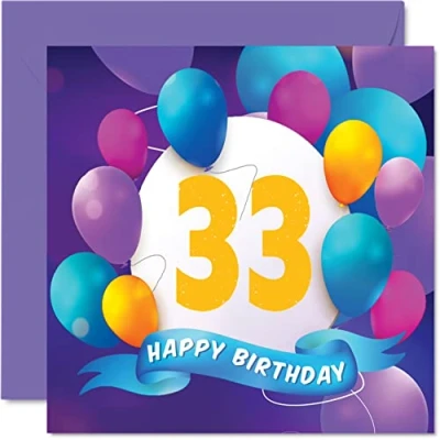 Afbeelding van 33e verjaardagskaart voor mannen vrouwen ballonfeest gelukkige verjaardagskaarten 33 jaar oude man vrouw broer zus mama papa tante oom beste vriend neef, 145 mm x verjaardag wenskaarten cadeau