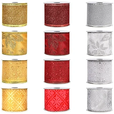 Afbeelding van Belle Vous Kerstlint (12 stuks) 2,74 m x 63 mm breed bedraad goud zilver rood organza lint in verschillende ontwerpen decoratieve kerstboomlinten voor kerstboom decoratie strikken