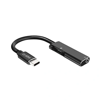 Afbeelding van Audio adapter met bus 3,5 mm, USB C stekker, voor opladen, metalen aansluitingen, stofkabel 9 cm lang