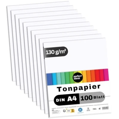 Afbeelding van perfect ideaz 100 vel wit gekleurd DIN A4 papier, tekenpapier wit, witte vellen in 130 g/m², knutselvel accessoireset voor knutselen, materiaal doorgeverfd, doe het zelf