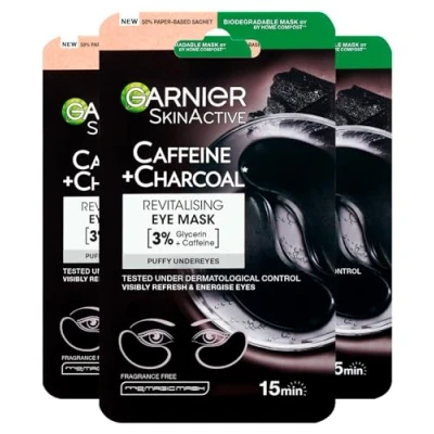 Afbeelding van Garnier SkinActive Coffee Charcoal revitaliserend oogmasker voor alle huidtypes, van biologisch afbreekbare stof, 3 toepassingen