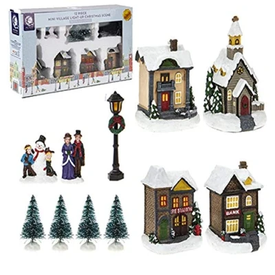 Afbeelding van Toyland® Mini Christmas Village &amp; Shop Scene Set met LED verlichting Kerstversiering (12 delig dorp)