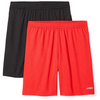 Afbeelding van Amazon Essentials Men&#039;s Performance Tech korte broek met losse pasvorm (verkrijgbaar in grote en lange maten), Pack of 2, Zwart/Rood, XL