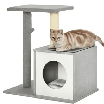 Afbeelding van PawHut Krabpaal kattenboom klimboom met grot en pluchen kussen E1 spaanplaat grijs D30 298