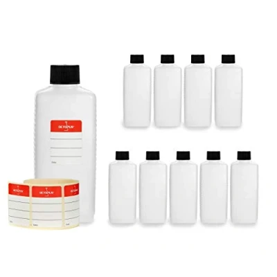 Afbeelding van 10x 250 ml Octopus kunststof flessen, HDPE plastic flessen met zwarte schroefsluitingen, lege schroefdeksels, vierkante incl. etiketten
