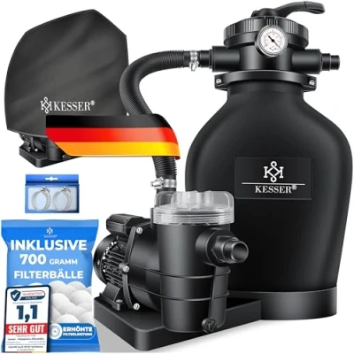 Afbeelding van KESSER® zandfiltersysteem zandfilter + 700g filterkogels vervangen 25kg filterzand 7 wegklep met drukindicator zwembadfilter 10 mġ/h filtersysteem filtervat voor zwembad 10.200 L/h, zwart