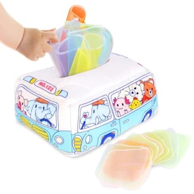 Afbeelding van Montessori babyspeelgoed voor kinderen vanaf 6 maanden. Ontwikkelingsspeelgoed dat educatieve en zintuiglijke activiteiten bevordert. Compleet met babytextieldoos. Een ideaal geboortecadeau.