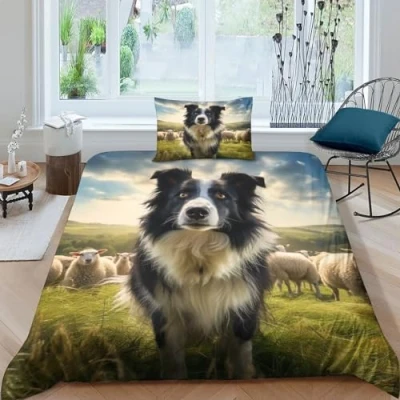 Afbeelding van GEEYOU Border Collie Comfortabele dekbedovertrekset, luxe hondendekbedovertrekset, verborgen rits met kussenslopen, dekbedovertrek, zachte microvezel, wasbaar beddengoedset, eenpersoons (135 x 200 cm)