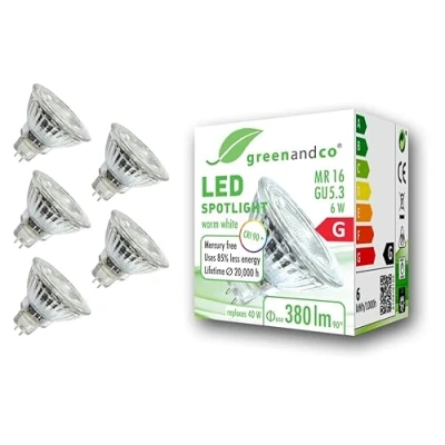 Afbeelding van 5x greenandco® CRI90+ 3000K 36 LED spot vervangt 40W GU5.3 MR16, 6W 380lm warm wit 12V AC/DC, flikkervrij, niet dimbaar