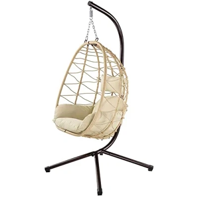 Afbeelding van Bakaji Hangstoel voor de tuin, schommelstoel, hangmat buiten, frame van metaal, nest rotan en touw + gewatteerd zitkussen hoofdsteun, modern design, 198 x 110 95 cm (beige)