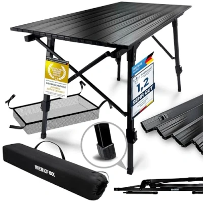 Afbeelding van Werkfox Campingtafel vouwtafel Multifunctionele tafel; In hoogte verstelbare met oprolbaar tafelblad (90x51cm) &amp; draagtas; Belastbaar tot 30kg.