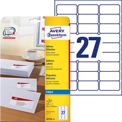 Afbeelding van Avery Adresetiketten 63,5 x 29,6 mm, wit, Inkjetprinter, permanent kle