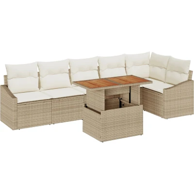 Afbeelding van vidaXL 7 delige tuindining set met kussens beige poly rattan acacia
