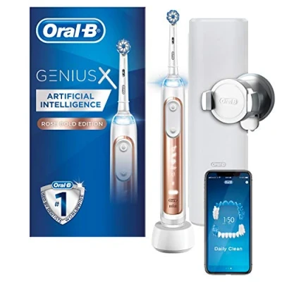 Afbeelding van Oral B Genius X met kunstmatige intelligentie, roségoud, elektrische tandenborstel, 1 tandenborstelkop, 6 modi, tandvleesdruksensor, USB oplaadbaar, reiskoffer, UK 2 pins stekker, cadeau voor