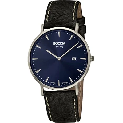 Afbeelding van Boccia 3648 02 Horloge Titanium Leder zilverkleurig blauw zwart 39 mm