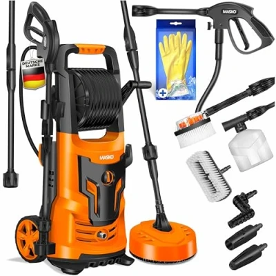 Afbeelding van MASKO® Hogedrukreiniger 2200 Watt 165 bar 450 l/u, met spoel slanghaspel 10 m slang 9 delige accessoireset, zeepfles schuimmondstuk, hogedrukpistool voor auto&#039;s/hekken/tuin/patio&#039;s