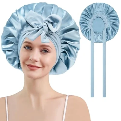 Afbeelding van Coubeau zijden slaapmuts voor vrouwen nachtmuts met 100% kap, haarkap de nacht, Blauw, one size