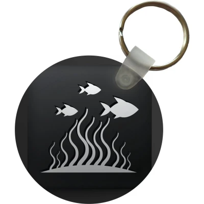 Afbeelding van Sleutelhanger een illustratie van paar vissen op zwarte achtergrond Plastic Rond Uitdeelcadeautjes