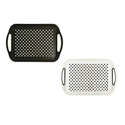 Afbeelding van iTP 2 x set antislip dienbladen boven en onderkant van kunststof met rubberen oppervlak, gripvaste handgrepen, zwart wit.