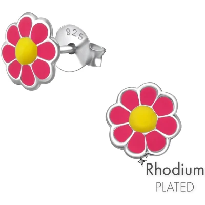 Afbeelding van JoyS Zilveren bloem oorbellen madeliefje 6.8 mm roze geel rhodium / gehodineerd kinderoorbellen
