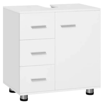 Afbeelding van EUGAD Badkamermeubel, wastafelonderkast, badkamermeubel met 3 laden en een kast 2 niveaus, wastafelonderkast voor badkamer, wit, technisch hout, uitsparing sifon van 17,5 x 10 cm
