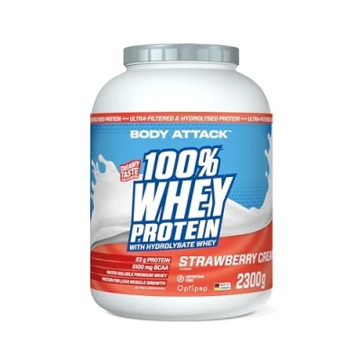 Afbeelding van Body Attack 100% Whey Proteïne, aardbei, 2,3 kg, Made in Germany, extra romig eiwitpoeder met hydrolysaat en BCAA, ondersteunt spieropbouw diëten, voor alle sporters atleten