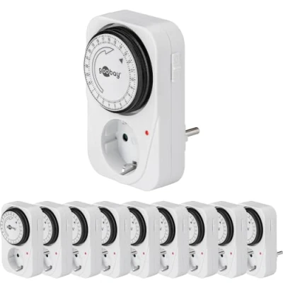 Afbeelding van Goobay 64896 timer stopcontact analoge voor binnen schakelklok stopcontacten 15 minuten instelbaar controle LED continu gebruik mogelijk set van 10 klein