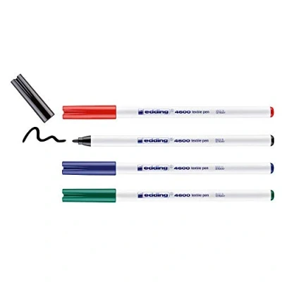 Afbeelding van edding 4600 textielstift zwart, rood, blauw, groen 4 stuks ronde punt 1 mm textielstiften, wasmachinebestendig (60 C) voor het tekenen op textiel kledingstift