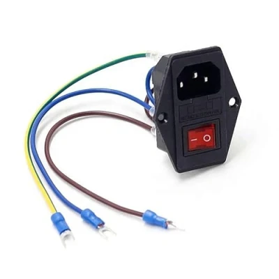 Afbeelding van Koud apparaat inbouwbus C14, met rode schakelaar 4 pins schakelaar, 6A / 250V, zekering en aansluitkabels, 3 220 250V/10A audio koudeapparaataansluiting inbouw koppeling stekker bus
