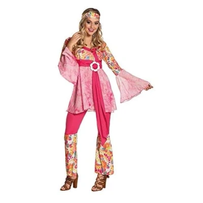 Afbeelding van Boland Volwassen hippie dame kostuum, haarband, top met riem en uitlopende broek, kostuum set, carnaval, themafeest