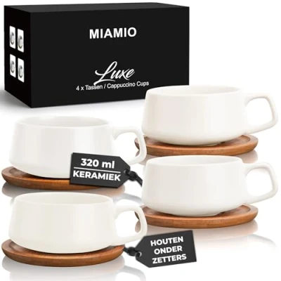 Afbeelding van MIAMIO 320 ml, set van 4 keramische theekop en schotel bamboe/theemok brede cappuccino beker, koffiekopjes, mok voor cappuccino, latte, espresso Americano Luxe Collection (wit)