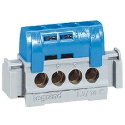 Afbeelding van Legrand 004840 verdeelklem, geïsoleerd, IP2X, neutraal, 4 aansluitingen, 1,5 mm² tot 16 mm², 75 mm lengte, blauw