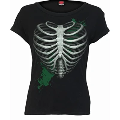 Afbeelding van Spiral Heart Ribs Glow in The Dark Boatneck Cap Sleeve Top Zwart, L