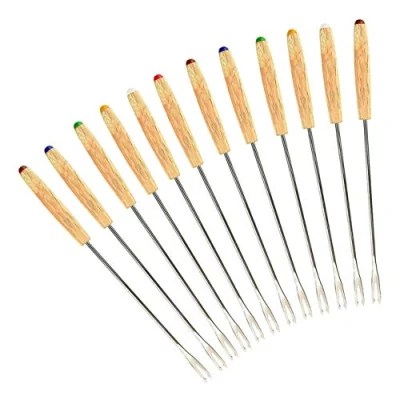 Afbeelding van GuDoQi Fonduevorken van roestvrij staal, 12 stuks, braadstangen Marshmallow, hittebestendig houten handvat, kaasvorken voor fruit, chocolade, fondue, braden (24 cm)