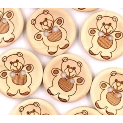 Afbeelding van 12 prachtige houten knopen, rond, naturel, met teddy print, 15 mm, 2 gaten om op te naaien, doe het zelf handwerk, scrapbooking, voor kinderkleding, jassen, mutsen, rompers