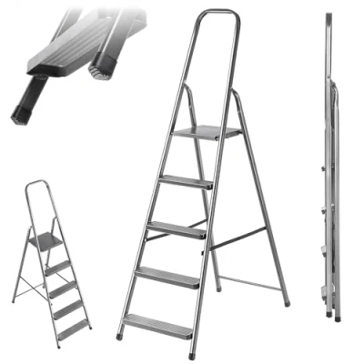 Afbeelding van KADAX Trapladder van staal, inklapbare huishoudladder met antislipvoeten, eenzijdige ladder plank, vouwladder, trapladder, stalen (5 treden)