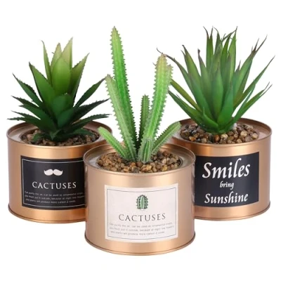 Afbeelding van Belle Vous 3 Pak Mini Artificieel Groene Plastic Planten in Koper Metalen Potten 10 x 7,5 cm Nep Faux Vetplanten Kaktus Plant Pot Set Huis Decoraties &amp; Kantoor Bureau Decor Plantenpotten