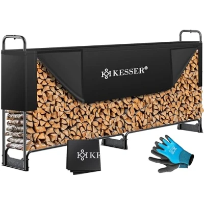 Afbeelding van KESSER® brandhoutrek van metaal, 260 x 36 117 cm, voor buiten, stalen frame + afdekking en handschoenen, 300 kg, waterdichte houtopslag, houtstapelhulp tuin, terras