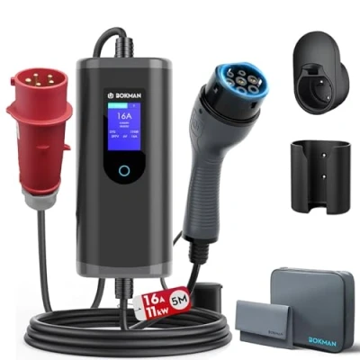 Afbeelding van bokman EV Oplader CEE 16A / 3 Fase /11kW 5M Instelbare Stroom Wallbox Laadkabel Type 2 met Digitale LCD bediening voor Tesla Model Y/3, ID.3/4/5, e tron, Zoe en PHEVs